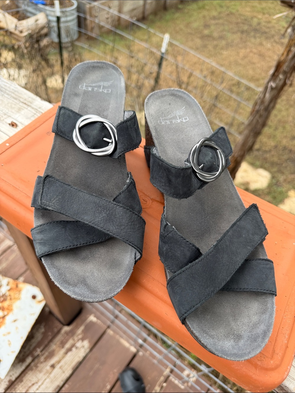 Dansko Black Suede Slide Sandals with Silver Buckles